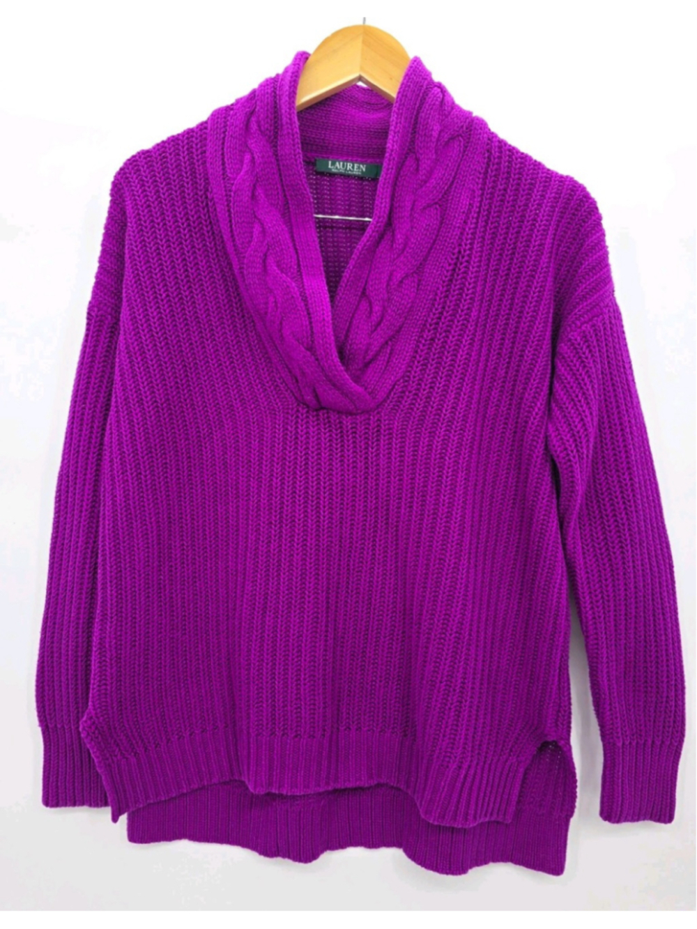 Lauren Ralph Lauren Sweater S Purple Cable Knit Cowl Neck Preppy Chic Style Cozy